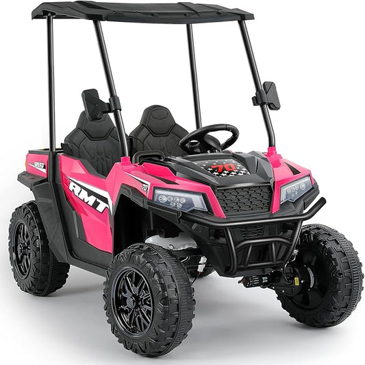 ELEMARA 24V Ride on Toy for Big Kid,Ride on Car 2 Seater w/Sun Shade,Dump Bed & Shovel,4.5MPH,4WD Electric Car for Kids,Battery Car w/Remote,Kids Ride on Truck,3 Speeds,LED Lights,Bluetooth, Hot Pink