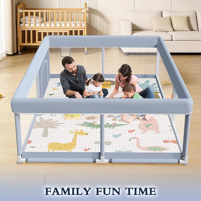 XVISHX 65 x 50 Inch Baby Playpen with Mat, Playpen for Babies and Toddlers, Baby Play Pen Playard for Indoor & Outdoor Active Center Game Fence, Skin-Friendly Fabric and Soft Breathable Mesh, Grey