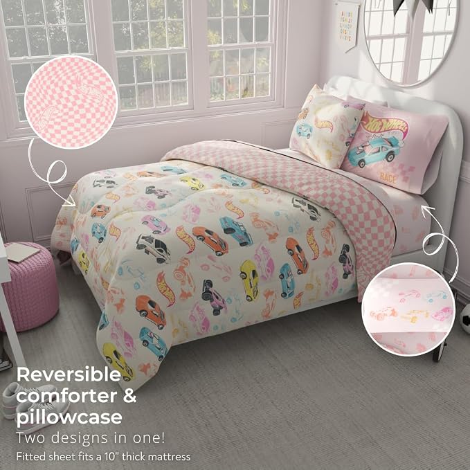 Hot Wheels Girls Kids Bedding Super Soft Comforter and Sheet Set with Sham, 5 Piece Twin Size, (Officially Licensed Product) By Franco