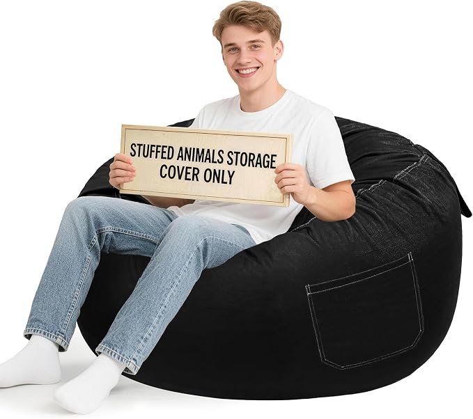 Lukeight Stuffed Animals Storage Bean Bag Chair Cover for Adult Teen, Cozy Velvet Plush Toy Organizer Seat, Cover Only, No Filling Included, Long YKK Zipper, Side Pocket, XXX-Large 42 x 23 in