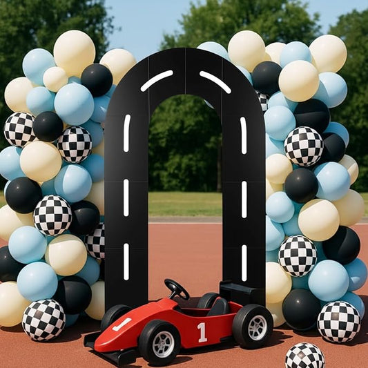 Zhanmai Racing Party Backdrop Decor Open U Shaped Race Track Arch Backdrop Stand with Weighted Water Bag Racetrack Pre-Cut Foam Board Set for Race Car Road Go Kart Birthday Games Party(6 ft)