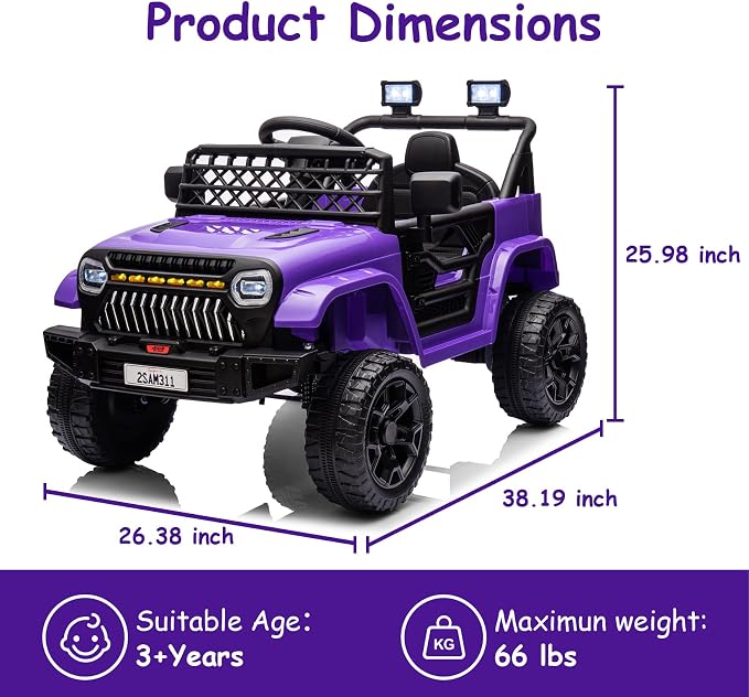 GarveeLife 12V Kids Ride On Truck Electric Vehicle Battery Powered Car Toddles Ride On Toy for Boys Girls with Remote Control, 4-Wheel Suspension, Battery Display, LED Lights, Music, Purple