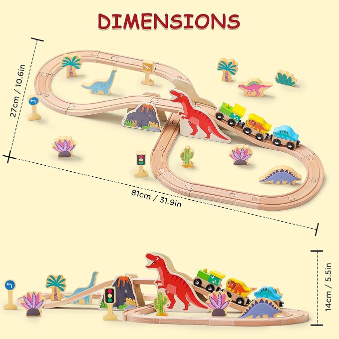 SainSmart Jr. Wooden Train Set Dinosaur Theme, Train Toys with 6 Kinds of Dinosaurs, Dinosaur Train Compatible with Brio, Thomas, Melissa & Doug – Perfect Wood Toy for Boys and Girls