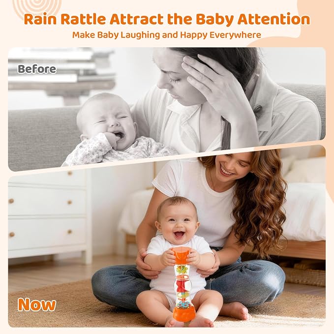 Montessori Baby Toys for 6-12 Months 1 Year Old,Rain Stick Baby Rattle Shaker Infant Sound Toy 9.8” Rainmaker Musical Sensory Tummy Time Toys for 6 7 8 9 10 Months Newborn Toddlers Gifts-Orange