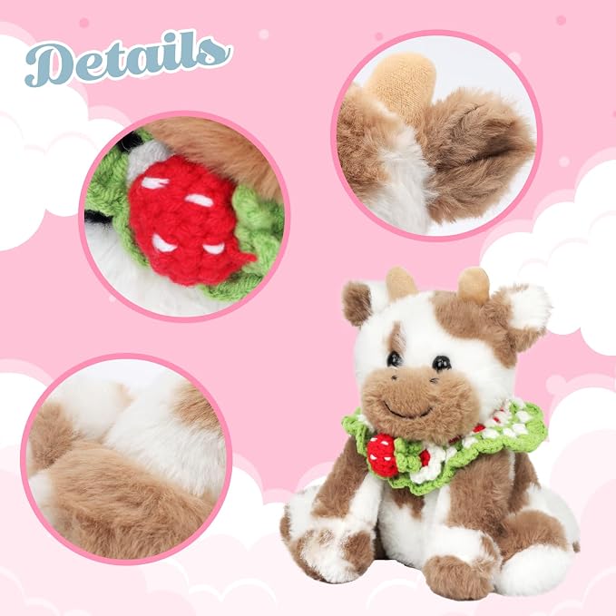 Hopearl Adorable Plush Cow Toy with Knitted Cute Strawberry Bib Floppy Dairy Cattle Soft Stuffed Animal Kawaii Gift for Boys Girls Kids Toddlers, Light Brown, 9''