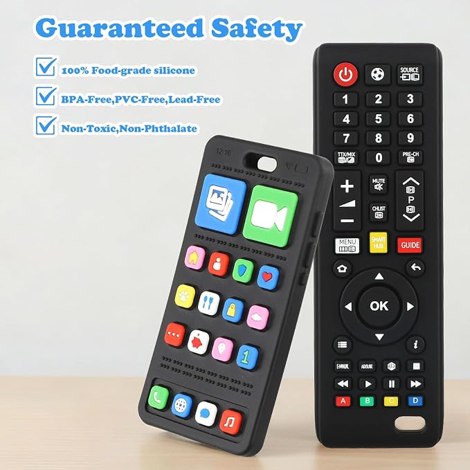Baby Teether Toy Play Phone and TV Remote Control Shape Teething Toys for Babies 3-24 Months, Chew Toys for Infants Teething Relief, Freezer BPA Free
