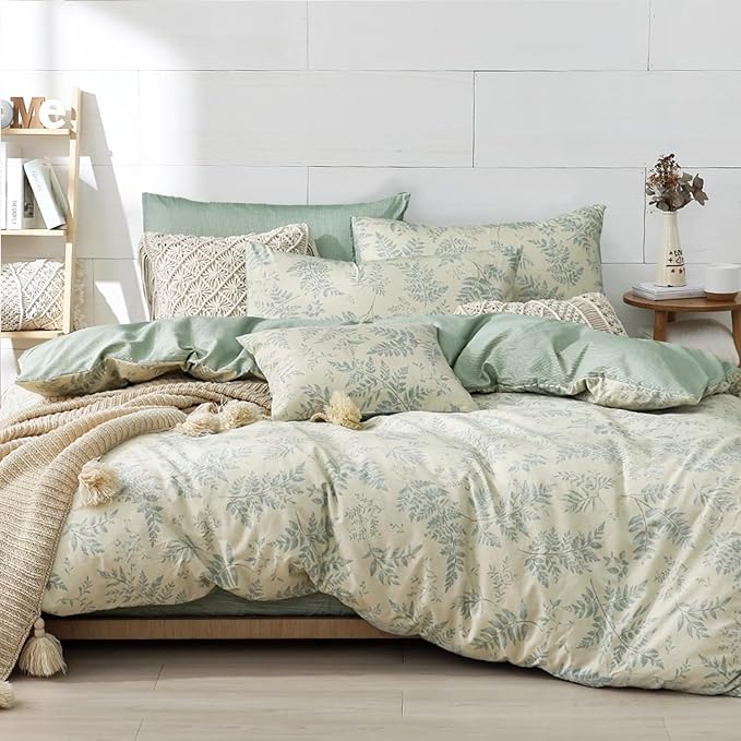 LEMIROE Botanical Cotton Comforter King Size - Dusty Green Comforter Printed with Luxurious Greyish-Green Ferns on Beige,Reversible Lightweight Bedding Sets 3Pcs(104"×90")