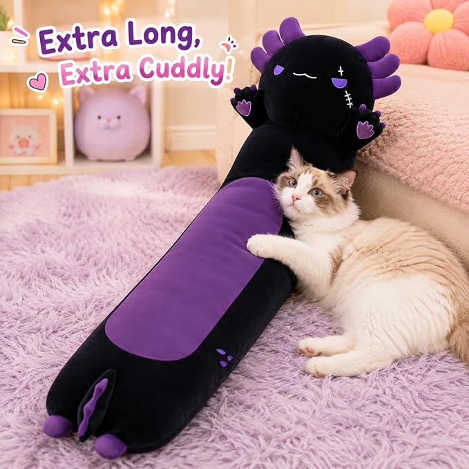 Long Axolotl Stuffed Animals 19.7 inch, Soft Long Axolotl Plush Pillow Cute Axolotl Plush Body Pillow Gifts for Kids Girlfriend, Black&Purple