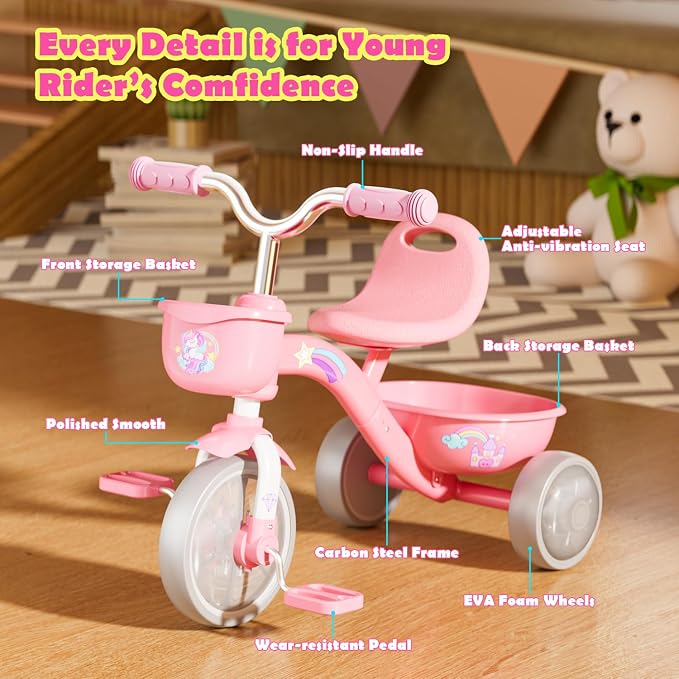 Tricycle for Toddlers 1-3 3-5 Year Olds, Unicorn Toddler Bike Baby Balance Bike with Colorful Lighting Wheels & Large Basket, Birthday Gift and Toy for 1 2 3 4 5 Year Olds Girls