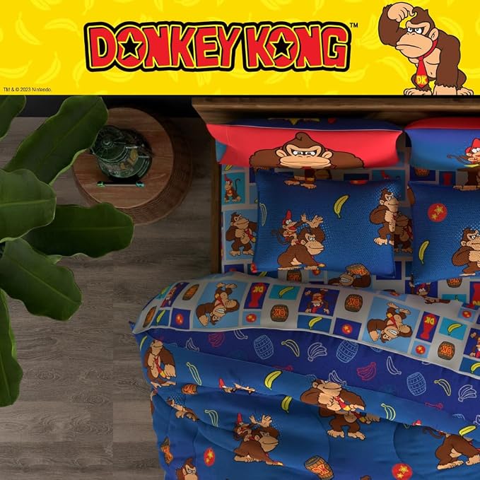 Collectibles Nintendo Donkey Kong Gaming Bedding 7 Piece Super Soft Reversible Comforter and Sheet Set with Sham, Full, (Officially Licensed Product) By Franco