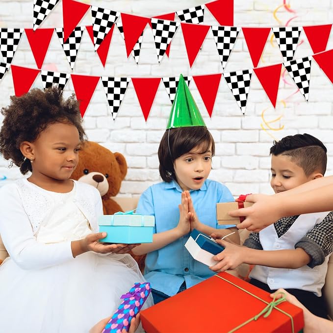 Tiamon 5 Pcs Racing Car Flag Banner Party Decorations Red Black White Checkered Triangle 49.2 Ft Flag Race Car Pennant Banner Garland Streamer for Birthday Baby Shower 2nd Two Fast Party Supply