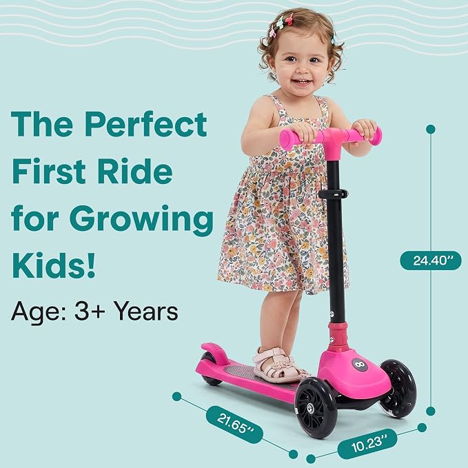 SereneLife Toddler Scooter, Adjustable Micro Scooter for Ages 2-5, Lightweight Kids 3 Wheel Design with LED Light-Up Wheels, Anti-Slip Deck & Lean-to-Steer Control, Indoor/Outdoor Use (Pink)