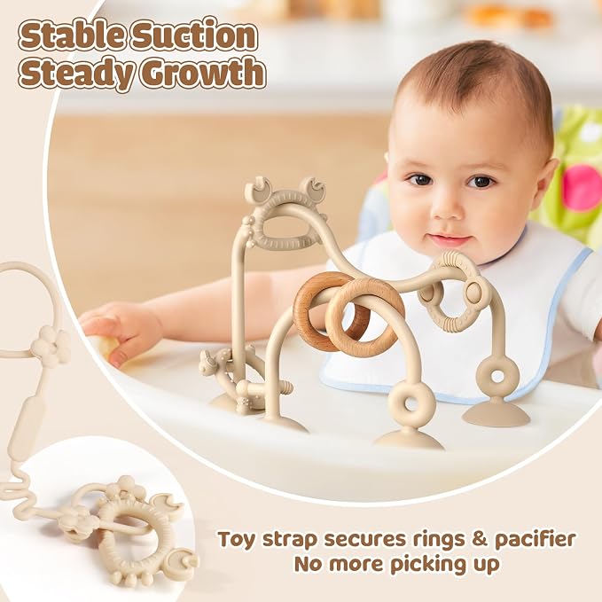 Baby High Chair Suction Cup Toys, Sensory Teething Relief | Tactile Silicone Teether Developmental Toy for Babies, Einstein Activity for Airplane Travel, Table, Highchair Tray