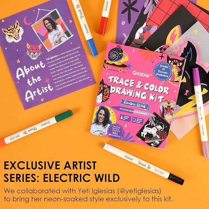 Grabie Trace and Color Drawing Kit, Beginner Friendly All-in-One Tracing Art Set with Acrylic Dual Tip Markers, 15 Pre-Printed Designs, Vellum Paper, Creative Hobby Kit, Artist Collaboration Yeti