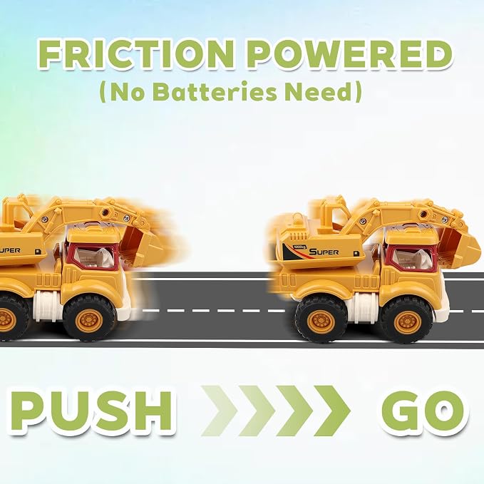 Construction Toys for Boys & Girls Ages 3–5 – Excavator, Dump Truck, Crane & Cement Mixer, Construction Vehicle Toy Set for Toddlers & Kids, Durable Play Vehicles for Pretend Play