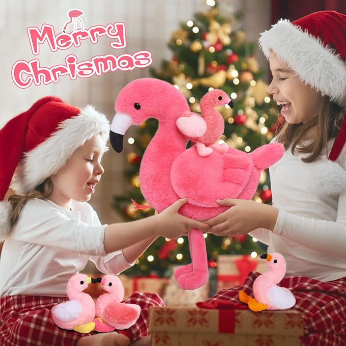 MorisMos Plush Flamingo Stuffed Animal-18 Inch Mommy Stuffed Flamingo with 4 Baby Bird Plush Toys Inside Zipper Tummy, Pink Bird Stuffed Animals Gift for Girl Women Decor Birthday Christmas Valentines