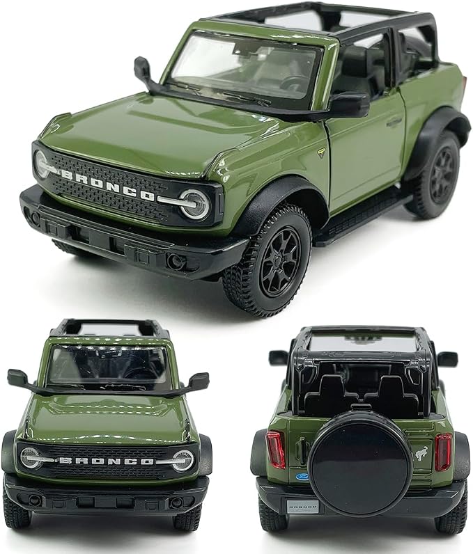 2-Door Convertible Bronco Badlands Model Car 1/36 Scale Diecast Toy Cars Metal Alloy Children’s Vehicles, Pull Back Doors Open, Black Rim, Mens Collection, Kids Toys for Boys Gifts, Cake Topper, green
