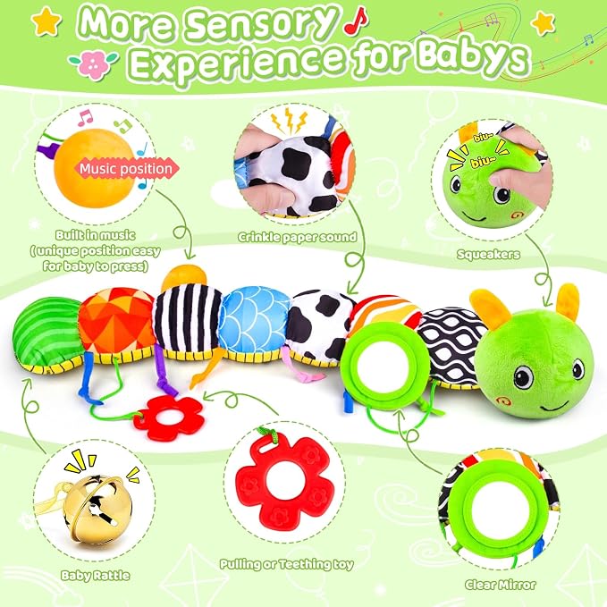Baby Toys 0-6 6-12 Months, Stuffed Animal Infant Tummy Time Toys Sensory Toys with Crinkle, Rattles, Textures and Mirror Gifts for Newborn Boy Girls Toddlers, Caterpillar Musical Toy (Green)