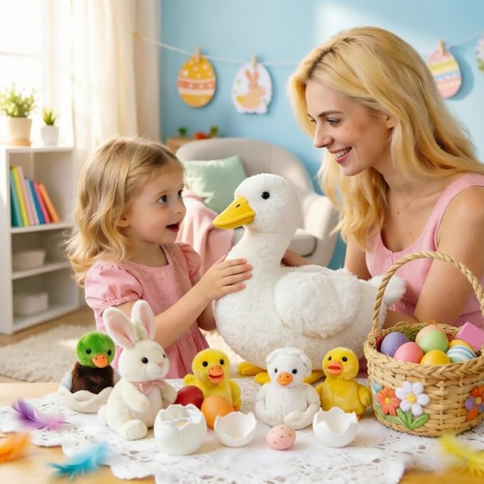 Youthfuljive 7 in 1 Duck Stuffed Animal Plush Duck Toys for Kids Toddlers, 12" Mommy White Stuffed Duck Plush Toy with 4 Baby Ducks Ducklings Eggs Duck Plushie Pillow for Birthday Farm Party