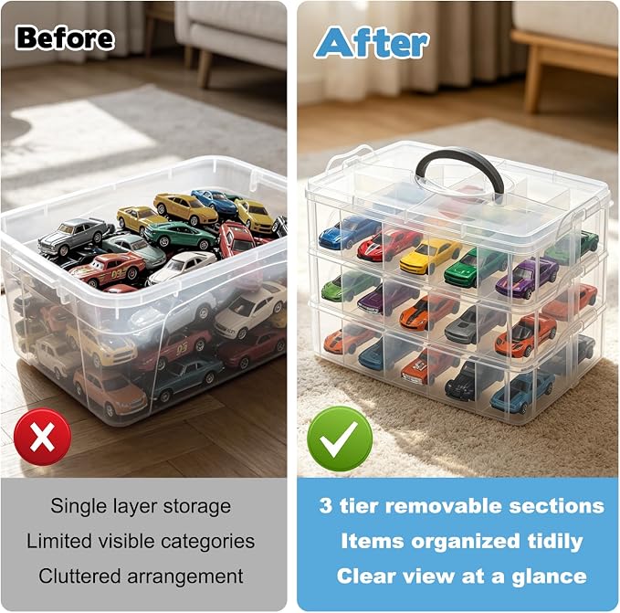 3-Tier 1/64 Scale Toy Car Storage Case with Carrying Handle Portable Transparent Storage Case Compatible with Matchbox Car Hot Wheels 30 Transparent Compartments Organizer for 30 Toy Cars