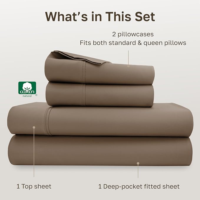 California Design Den Natural 100% Cotton Bed Sheets Queen Size Set - Soft 400 Thread Count Sateen, Queen Sheets Set, Deep Pockets with All Around Elastic for a Snug Fit, Durable Bedding - Mocha