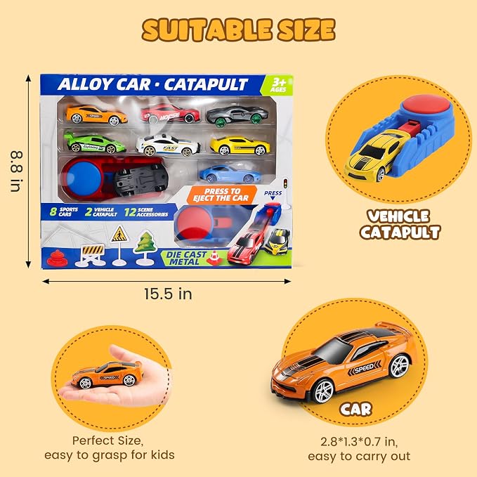 Die Cast Toy Cars with Catapult Launcher (Big) | 2 die-cast sports cars with a manual press launcher for indoor racing and vehicle-themed play.