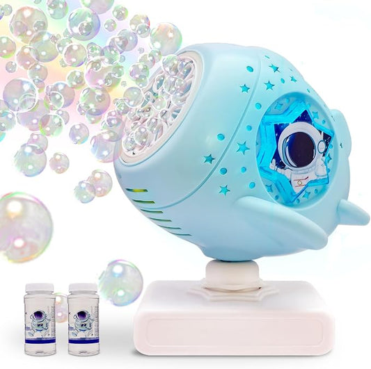 Bubble Machine with Remote Control,360° Automatic Rotation & LED Lights, Type-C Charge, Bubble Maker for Kids Ages 3-15, Weddings, Birthday Parties, Outdoor Activities (Spaceship)