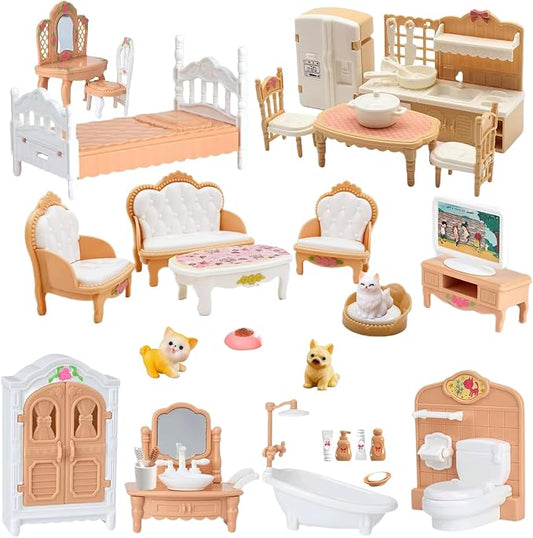 36Pcs Dollhouse Furniture Set,Miniature 1:12 Scale Dolls House Accessories with Cat,Dog,Kitchen, Dining Room, Living Room,Bedroom for Playhouse Toy(Beige)