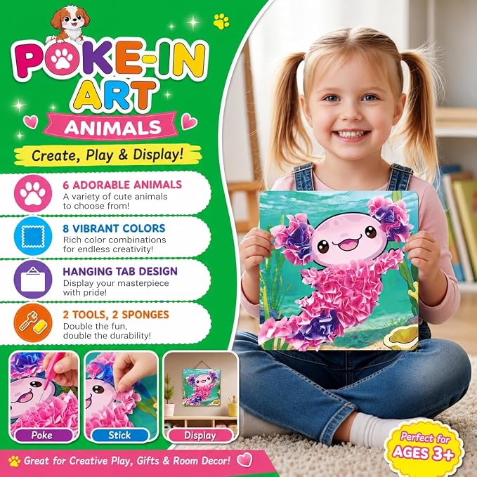 AGENTLAN Animal Poke Art Kit,Mess-Free Crafts for Kids Ages 3-8 | 6 poke in animal designs, 3D Art, no glue, no mess, screen-free activity, travel craft