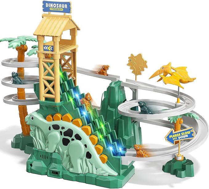 JUKUDAHU Dinosaur Climbing Slide Stair Toy for Toddlers Aged 3 4 5 6 7 8 - Racing Track Game Set, Sliding Car Toy, Dinosaur Themed with Light and Music, Birthday Dinosaur Gifts for Boys Girls Kids