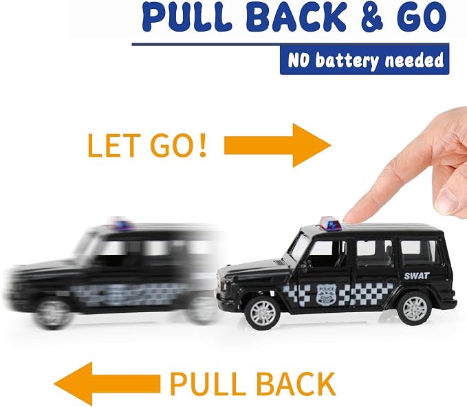 KIDAMI Die Cast Metal Toy Cars Set of 5, Small Cop Openable Doors Pull Back Car Gift Pack for Kids (Police Car)
