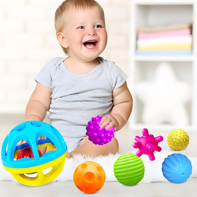 Sensory Balls, Montessori Toys with Baby Rattle 3-6 Months | 6 Multiple Textured Stress Balls with Blue Rattle, Bright Colors, Baby Teether Toys, Gift for Toddlers 1-3
