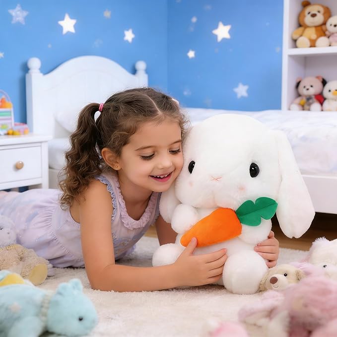 HOUPU Soft Toy - Sitting Lop Eared Rabbit, Easter White Rabbit Stuffed Bunny Animal with Carrot Soft Lovely Realistic Long-Eared Standing Pink Plush Toys (White-Carrot,8.6in/22cm)