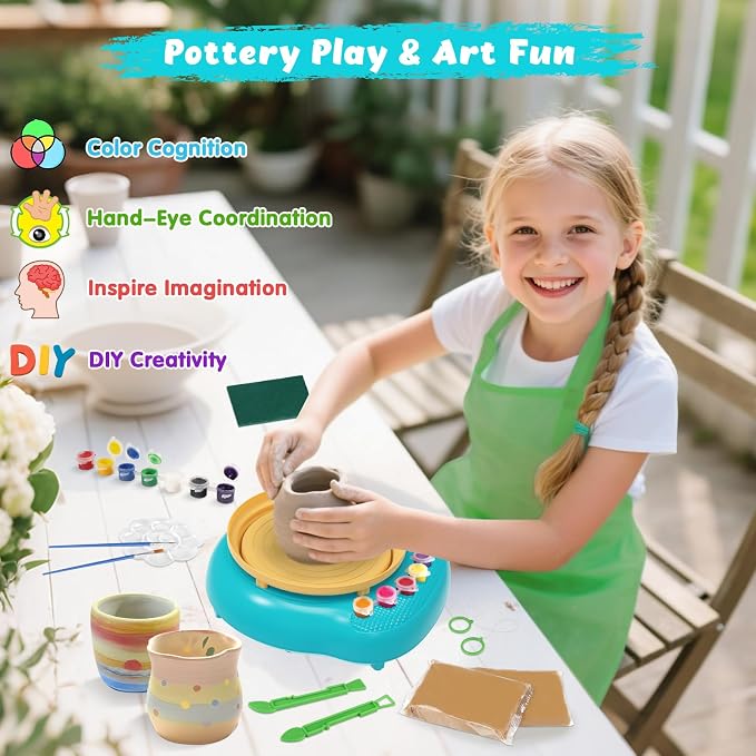 Pottery Wheel for Kids with Complete Clay Kit,Beginner Pottery Painting Set with Air Dry Clay,12 Paints,Sculpting Tools,Apron and Guide,Arts and Crafts Christmas Birthday Gift for Girls Boys Ages 6-12