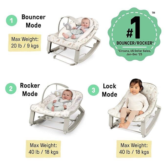 Ingenuity Keep Cozy 3-in-1 Grow with Me Vibrating Baby Bouncer, Green | Seat & Infant to Toddler Rocker, Vibrations & Toy Bar, 0-30 Months, Up to 40 lbs