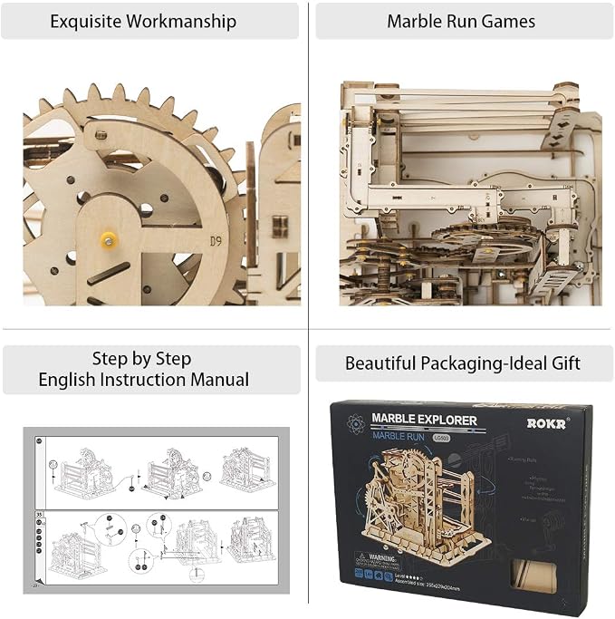 ROKR 3D Assembly Wooden Puzzle Brain Teaser Game Mechanical Gears Set Model Kit Marble Run Set Unique Craft Kits Christmas/Birthday/Valentine's Gift for Adults & Kids Age 14+(LG503-Lift Coaster)
