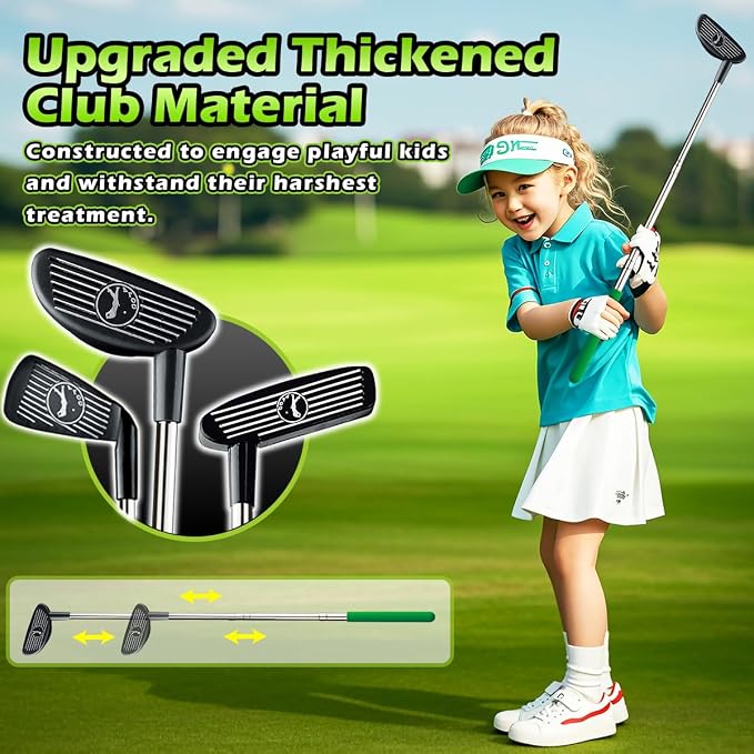 Clemas Upgraded Kids Toy Golf Set with Dinosaur Automatic Golf Returner, Led Light Up Night Golf Balls, 3 Clubs, Putting Mat, 3-8 Toddler Mini Golf Games, Indoor Outdoor Sports Toys for Boys Girls 3+