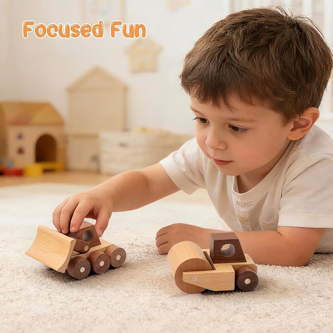 Wooden Toy Cars for 3 Year Old Boys & Girls - Construction Vehicles Set Push Toys for Toddlers, Wood Montessori Car with Rolling Wheels, Natural Wood Toys (Bulldozer & Road Roller)