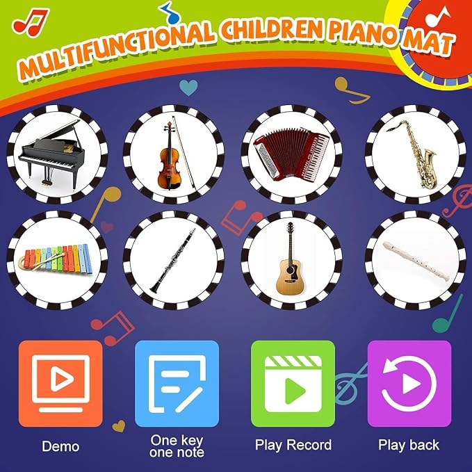 RenFox Baby Piano Mat with 25 Music Sounds, Kids Musical Playmat, Early Education Development Birthday Gift Music Toy for 1 2 3 Year Girls Boys, Piano Keyboard Touch Play Blanket for Easter Gifts