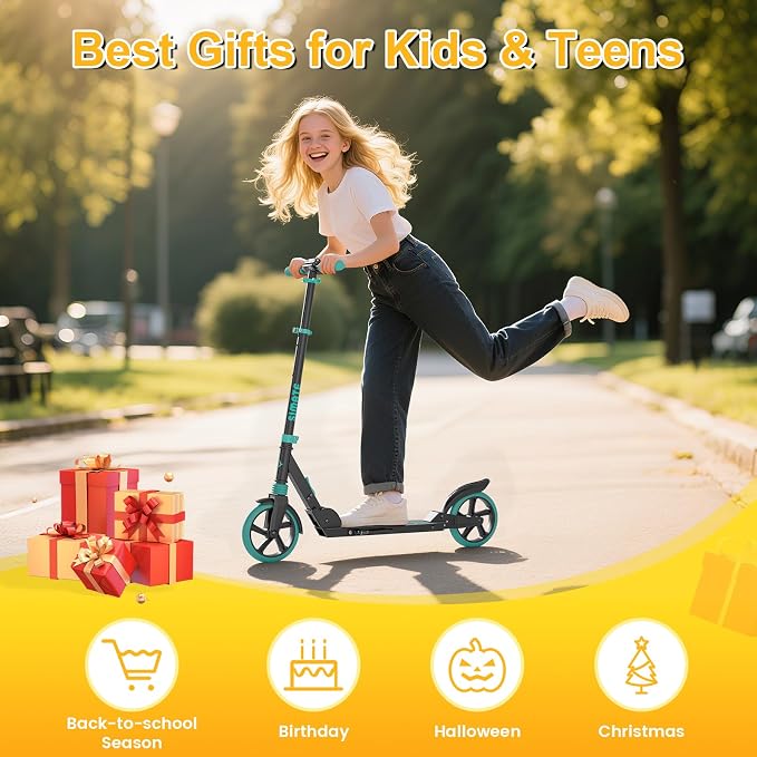 SIMATE Kick Scooter for Kids Teens & Adults, 4 Adjustable Heights, 8IN All Terrain Big Wheels, Foldable and Lightweight, Gifts for Girls Boys