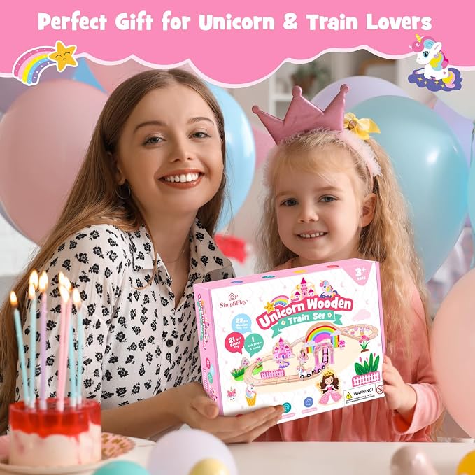 SIMPLIPLAY Wooden Train Set, 43PCS Unicorn Toy Train Set with Crash Barrier | Magnetic Wooden Train with Tracks & Bridge for Girls Toddlers, Enhance Fine Motor Skills, Ideal for Birthday Christmas