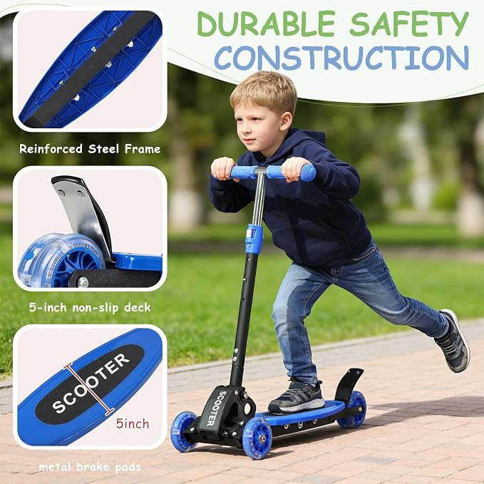 Toddler Scooter, 3 Wheels for Kids 2-7 Year Old LED Lighted, Folding Lean-to-Steer Kids Scooter with 3 Adjustable Handlebar for Boys Girls, Blue