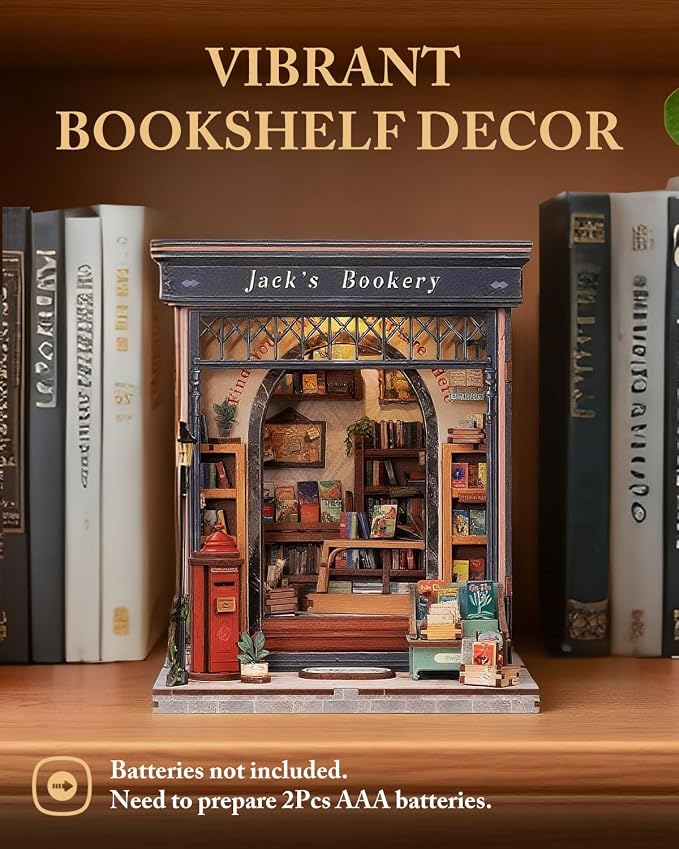 Cutefun Book Nook Kit - DIY Miniature Dollhouse Library Kit for Adults and Teens, Tiny House Building Bookshelf Insert Decor with LED Light, Gifts for Family and Friends (Jack's Bookery)