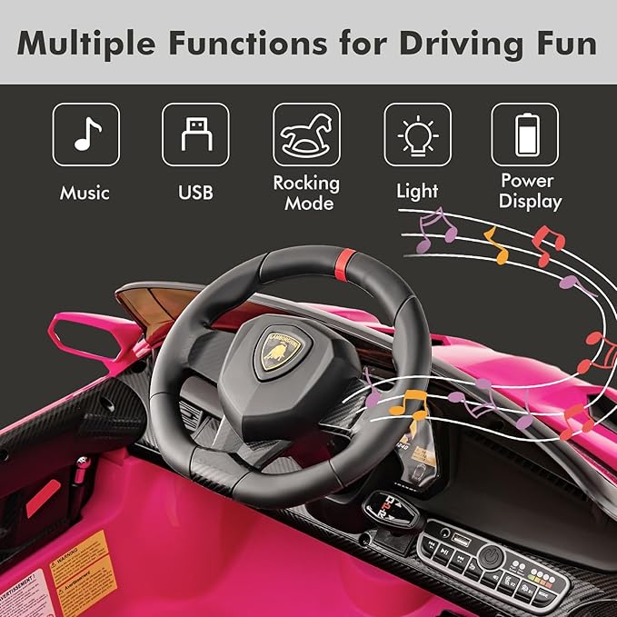 INFANS 2 Seater Kids Ride on Car, 12V 4WD Licensed Lamborghini Veneno Powered Electric Vehicle with Hydraulic Doors, Rocking Mode, Adjustable Speeds, Remote Control, MP3, Headlight (Coral)