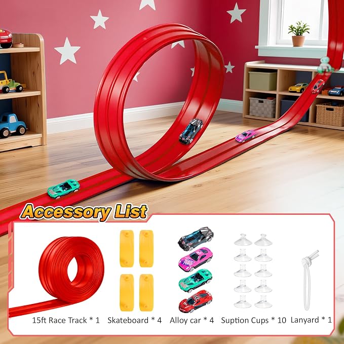 15Ft Flexible Race Car Track for Kids with Suction Cups Compatible with Diecast 1/64th Cars for Ages 3 & Up Blue Gray Orange Red Classic Long Rolls Up Portable Racetrack (Red)