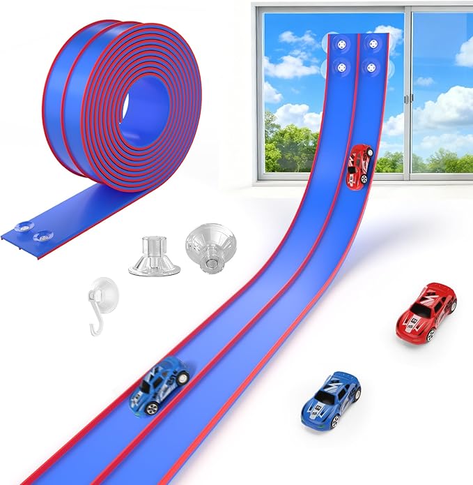 15 Ft Flexible Race Track for Kids, DIY Car Track Set with 2 Toy Cars & 3 Suction Cup Ramps, Easter Basket Stuffers for Teens & Boys Girls, Creative Easter Gifts for Kids, Blue