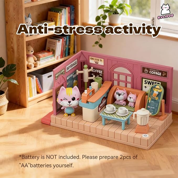 Koko's Cat Town DIY Miniature House Kit,Tiny Pink House Series–Cafes Building Kit,Dollhouse for 3 and up, Dollhouse Building Kit with Cats,Cat Toys Gift for Teens Kids Ages 3+