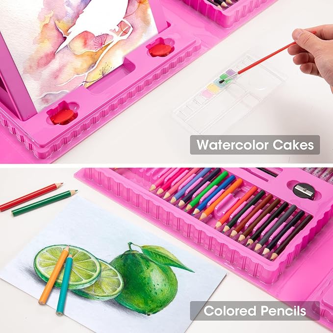 VigorFun Art Supplies, 240-Piece Drawing Art Kit, Gifts for Kids Girls Boys Teens, Art Set Crafts Case with Double Sided Trifold Easel, Includes Sketch Pads, Crayons, Colored Pencils (Pink)
