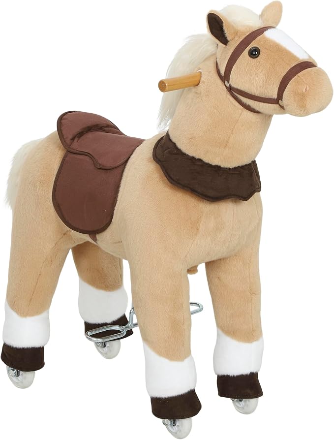 Qaba Ride on Horse for Kids 3-5 Years, 31.5 Inch Height Plush Riding Pony, Walking Horse Animal with Rolling Wheels for Active Play, No Batteries Required, Brown