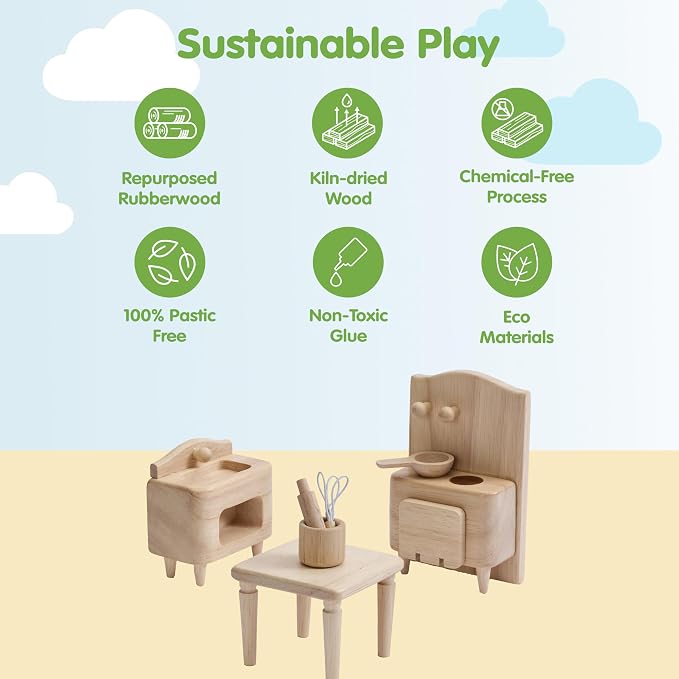 PlanToys® Wooden Victorian Kitchen Set | Montessori Dollhouse Kitchen Setup for Food Preparation, Social Skills & Imaginative Storytelling | Eco Friendly Wooden Dollhouse Kitchen Furniture